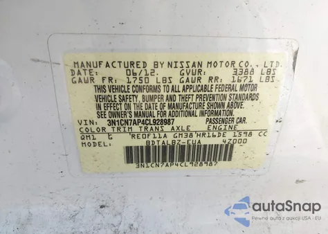 2012 Nissan Versa 1.6 Sv from USA, damaged, VIN 3N1CN7AP4CL928987